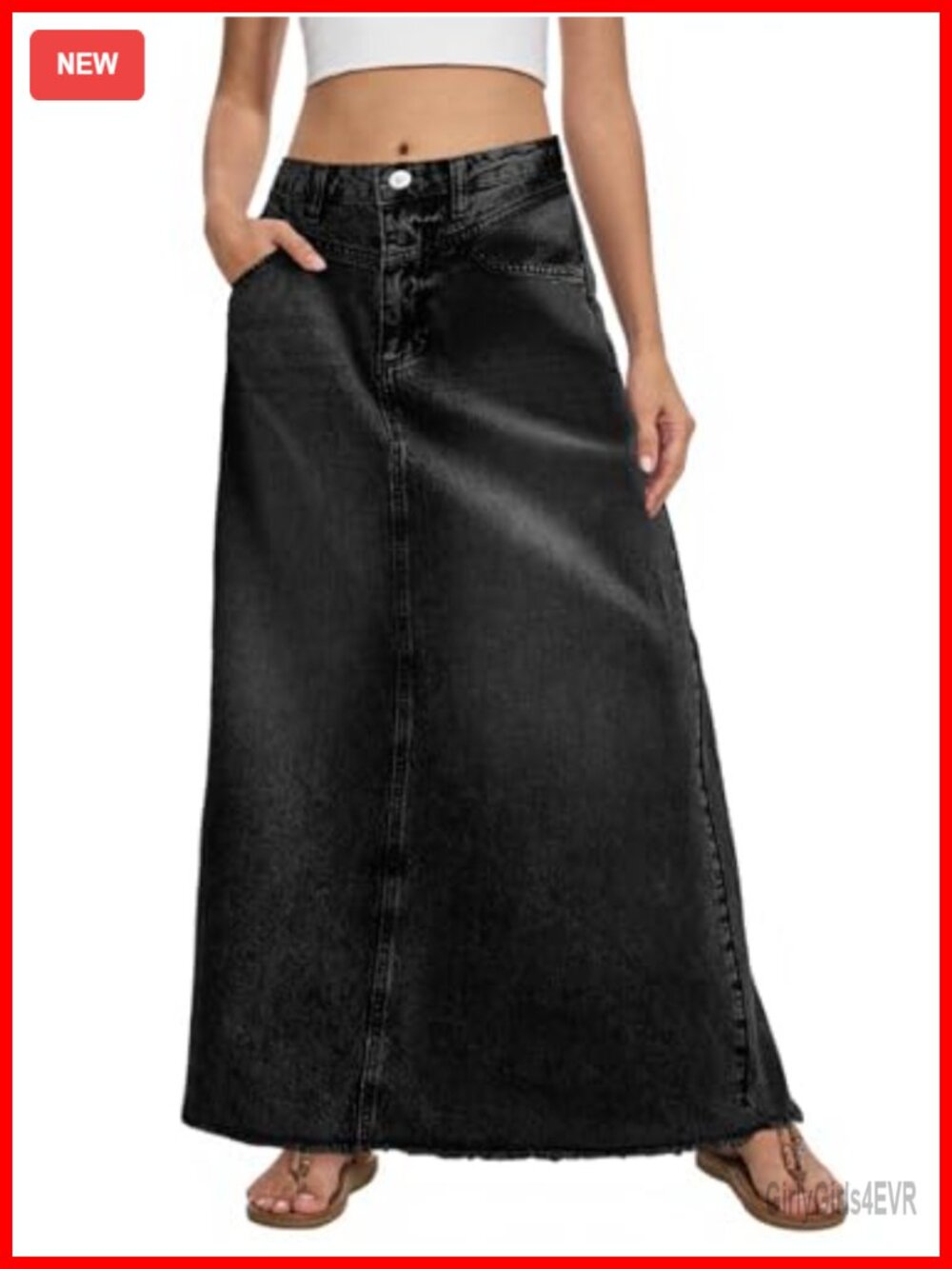 Denim Maxi Skirt High Waist A-Line Frayed Hem Pockets